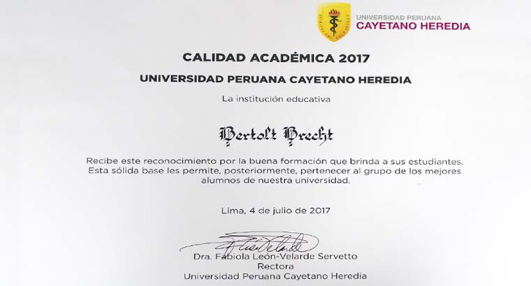 Diploma a la calidad académica 2017 otorgada al CBB por la UPCH